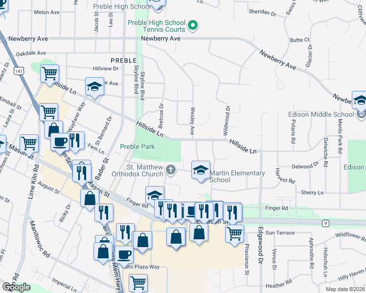 map of restaurants, bars, coffee shops, grocery stores, and more near 543 Avon Court in Green Bay