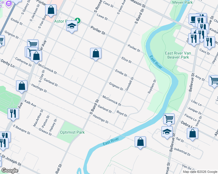 map of restaurants, bars, coffee shops, grocery stores, and more near 1219 South Baird Street in Green Bay