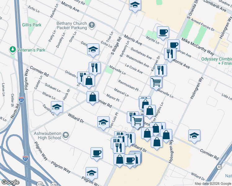 map of restaurants, bars, coffee shops, grocery stores, and more near 950 Manor Place in Green Bay