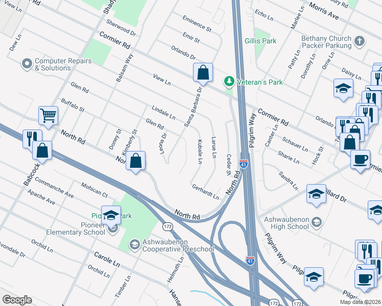 map of restaurants, bars, coffee shops, grocery stores, and more near 2421 Ingold Court in Green Bay