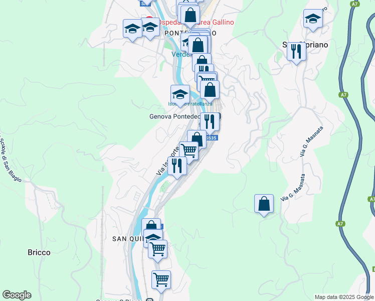 map of restaurants, bars, coffee shops, grocery stores, and more near Via delle Fonderie Grondona in Genova