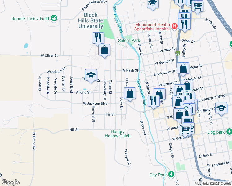 map of restaurants, bars, coffee shops, grocery stores, and more near 899 Saint Joe Street in Spearfish