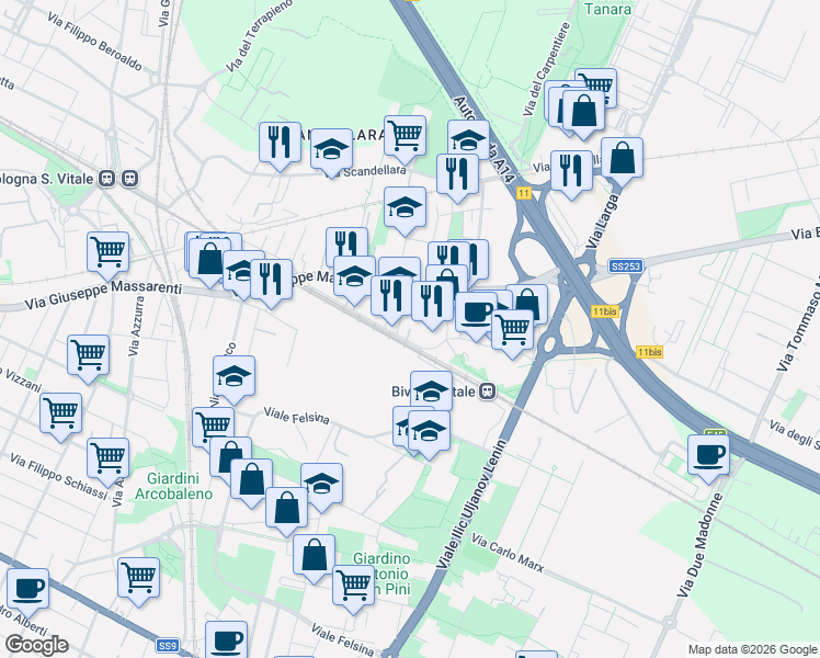 map of restaurants, bars, coffee shops, grocery stores, and more near 11-19 Via Guelfa in Bologna