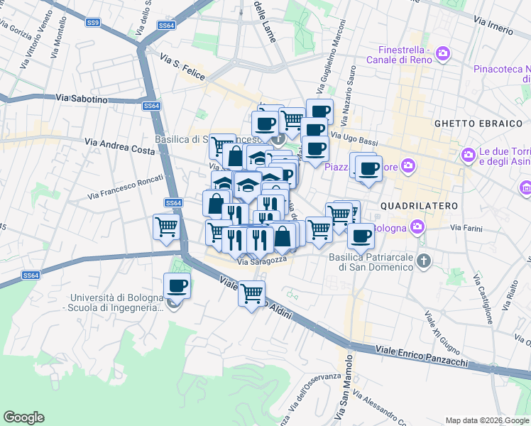 map of restaurants, bars, coffee shops, grocery stores, and more near 5 Via Ca' Selvatica in Bologna