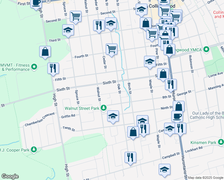 map of restaurants, bars, coffee shops, grocery stores, and more near in Collingwood