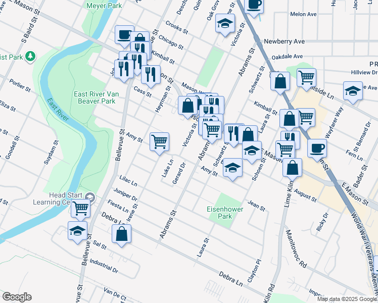 map of restaurants, bars, coffee shops, grocery stores, and more near 1684 Amy Street in Green Bay