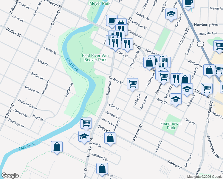 map of restaurants, bars, coffee shops, grocery stores, and more near 926 Heyrman Street in Green Bay