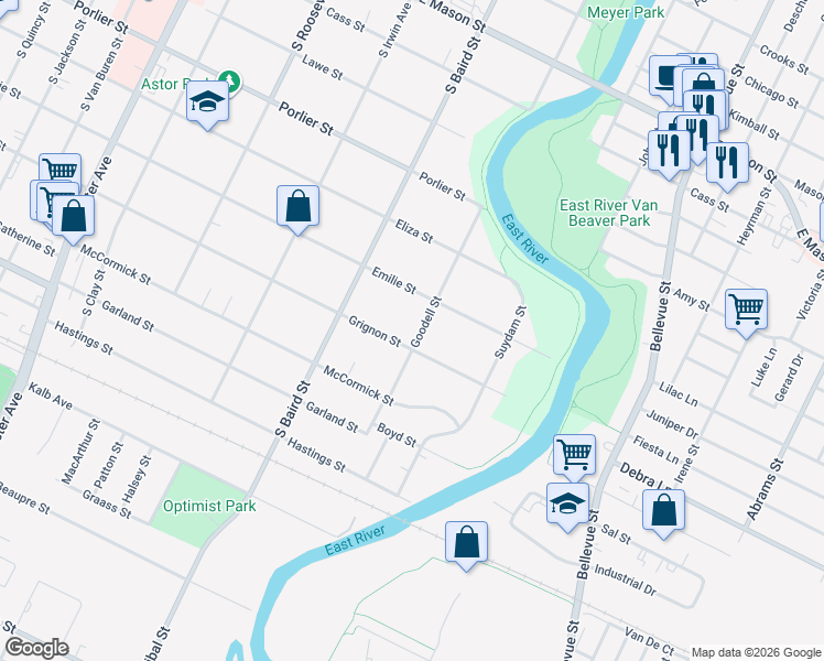map of restaurants, bars, coffee shops, grocery stores, and more near 1466 Grignon Street in Green Bay