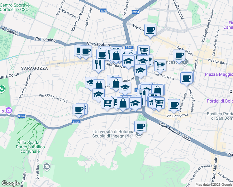 map of restaurants, bars, coffee shops, grocery stores, and more near 19 Via Giuseppe Galletti in Bologna