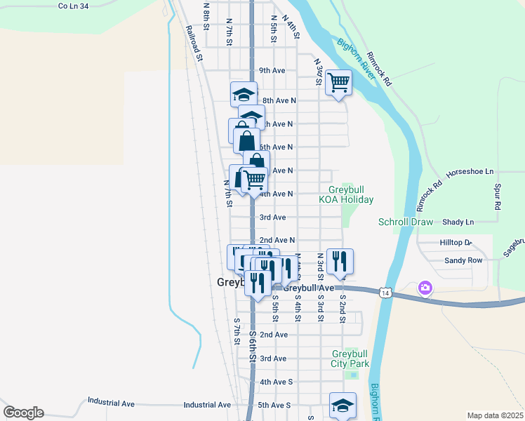 map of restaurants, bars, coffee shops, grocery stores, and more near 224 North 5th Street in Greybull