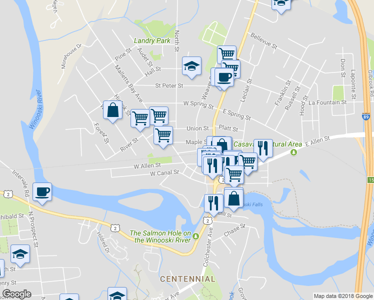 map of restaurants, bars, coffee shops, grocery stores, and more near 17 Railroad Lane in Winooski