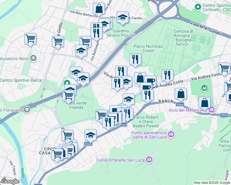 map of restaurants, bars, coffee shops, grocery stores, and more near 10 Via Francesco Paolo Michetti in Bologna