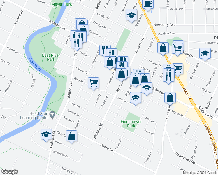 map of restaurants, bars, coffee shops, grocery stores, and more near 807 Victoria Street in Green Bay
