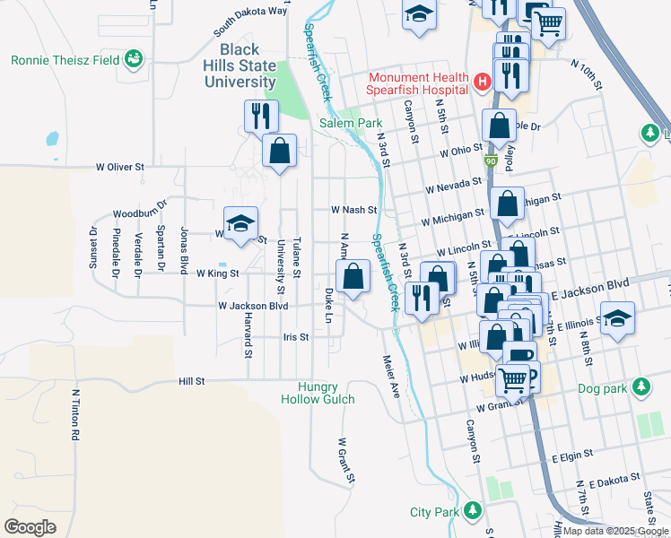 map of restaurants, bars, coffee shops, grocery stores, and more near 945 North Ames Street in Spearfish