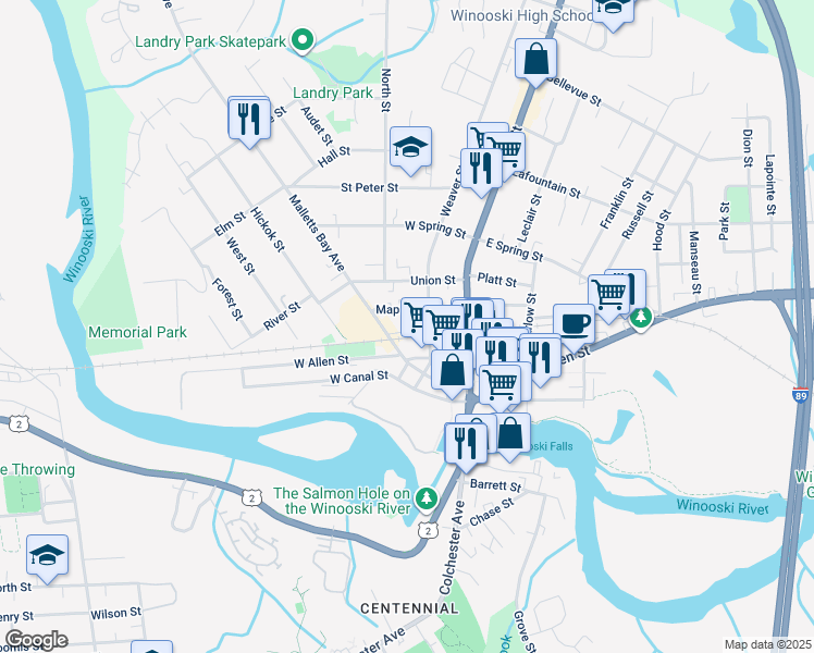 map of restaurants, bars, coffee shops, grocery stores, and more near 65 Maple Street in Winooski