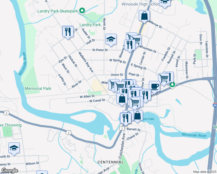 map of restaurants, bars, coffee shops, grocery stores, and more near 65 Maple Street in Winooski