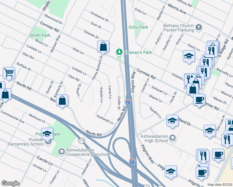map of restaurants, bars, coffee shops, grocery stores, and more near 2360 Cedar Ridge in Green Bay
