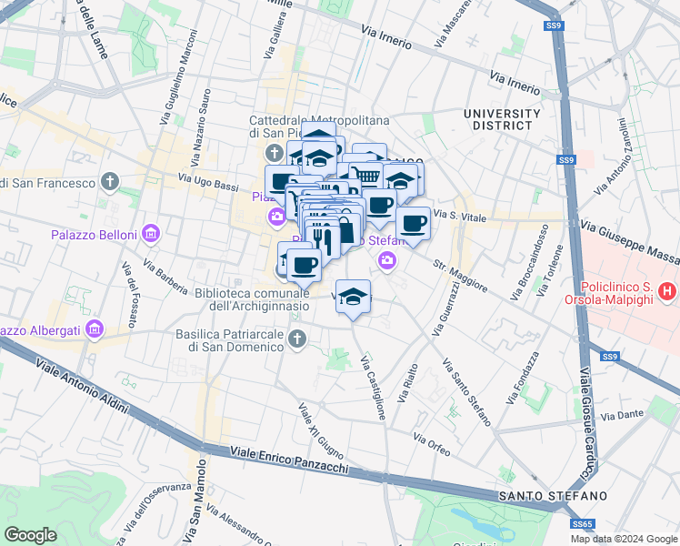 map of restaurants, bars, coffee shops, grocery stores, and more near 1 Piazza del Francia in Bologna