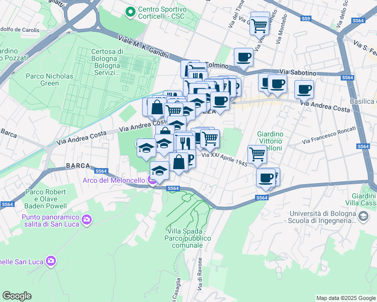 map of restaurants, bars, coffee shops, grocery stores, and more near 14 Via Giovanni Paolo Martini in Bologna