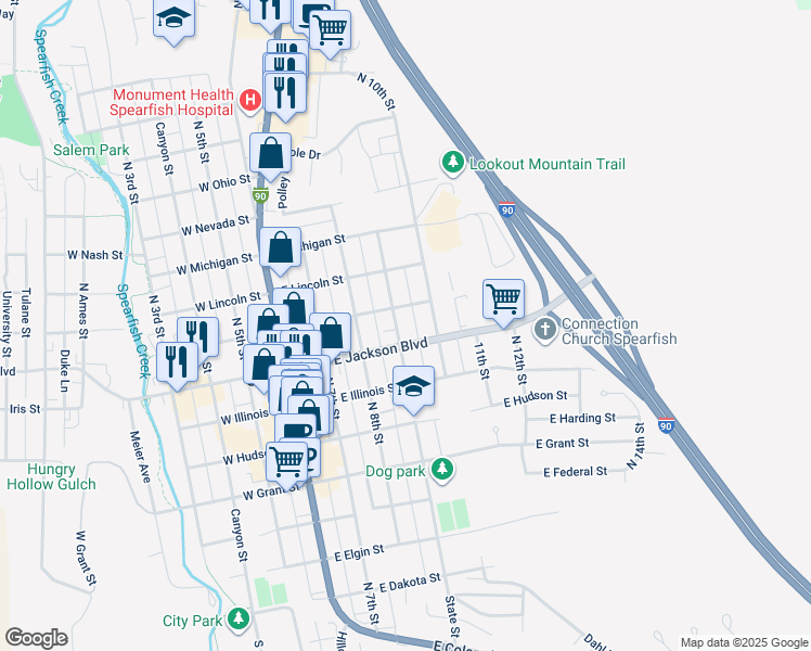 map of restaurants, bars, coffee shops, grocery stores, and more near 830 State Street in Spearfish