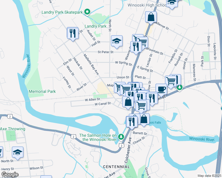 map of restaurants, bars, coffee shops, grocery stores, and more near 65 Maple Street in Winooski