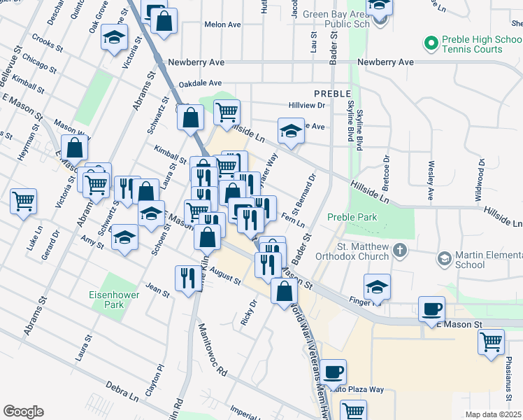 map of restaurants, bars, coffee shops, grocery stores, and more near 498 Wayfarer Way in Green Bay
