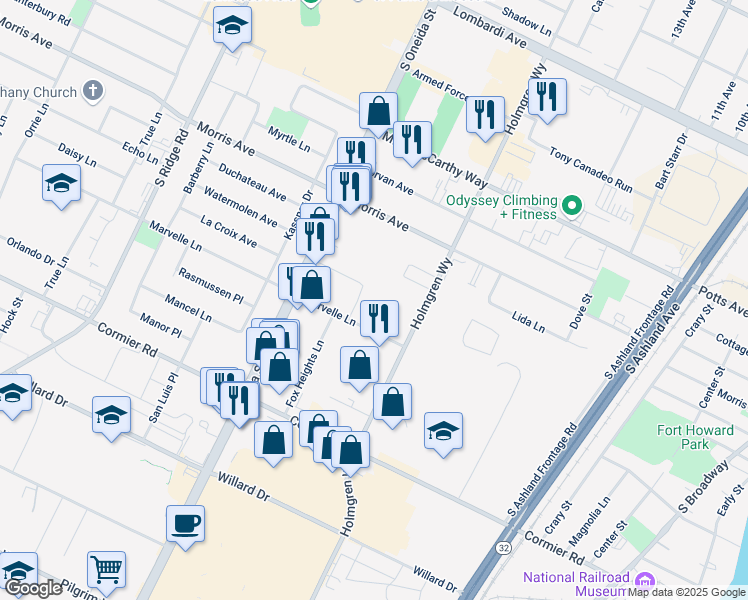 map of restaurants, bars, coffee shops, grocery stores, and more near 806 William Charles Court in Green Bay