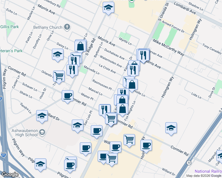 map of restaurants, bars, coffee shops, grocery stores, and more near 915 Marvelle Lane in Ashwaubenon