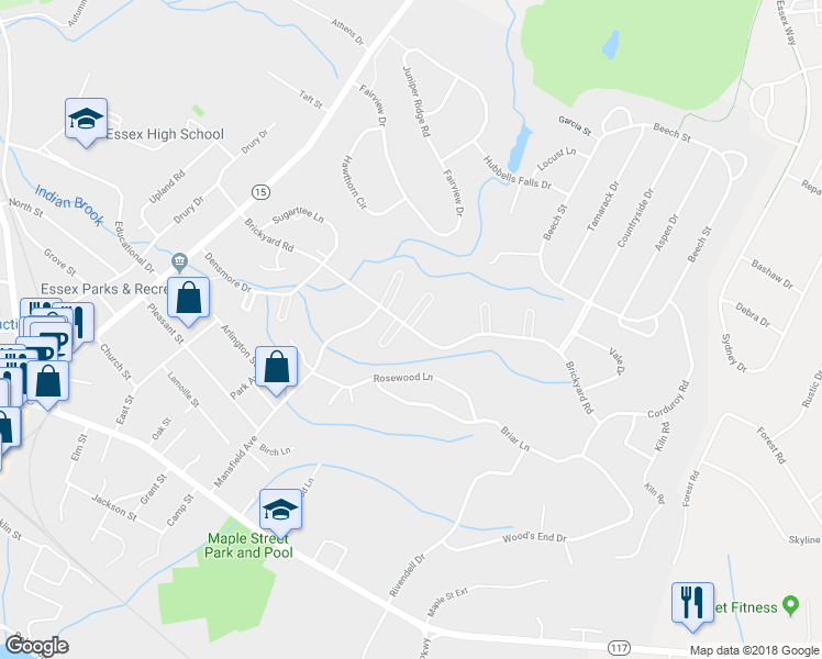 map of restaurants, bars, coffee shops, grocery stores, and more near 119 Brickyard Road in Essex