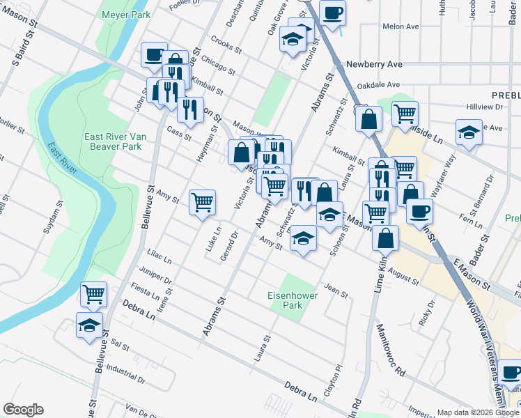 map of restaurants, bars, coffee shops, grocery stores, and more near 756 Abrams Street in Green Bay