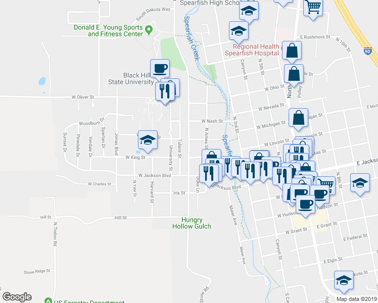 map of restaurants, bars, coffee shops, grocery stores, and more near 941 Tulane Street in Spearfish