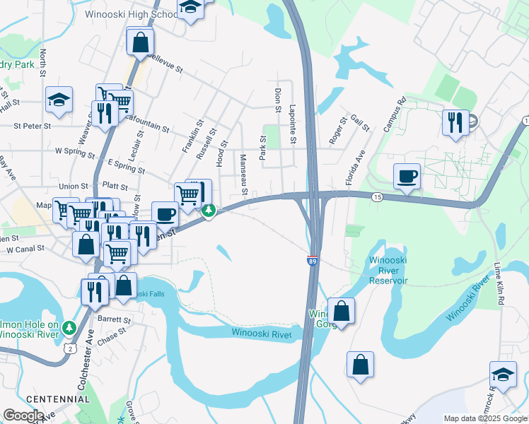 map of restaurants, bars, coffee shops, grocery stores, and more near 280 East Allen Street in Winooski