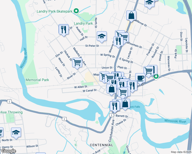 map of restaurants, bars, coffee shops, grocery stores, and more near 65 Maple Street in Winooski