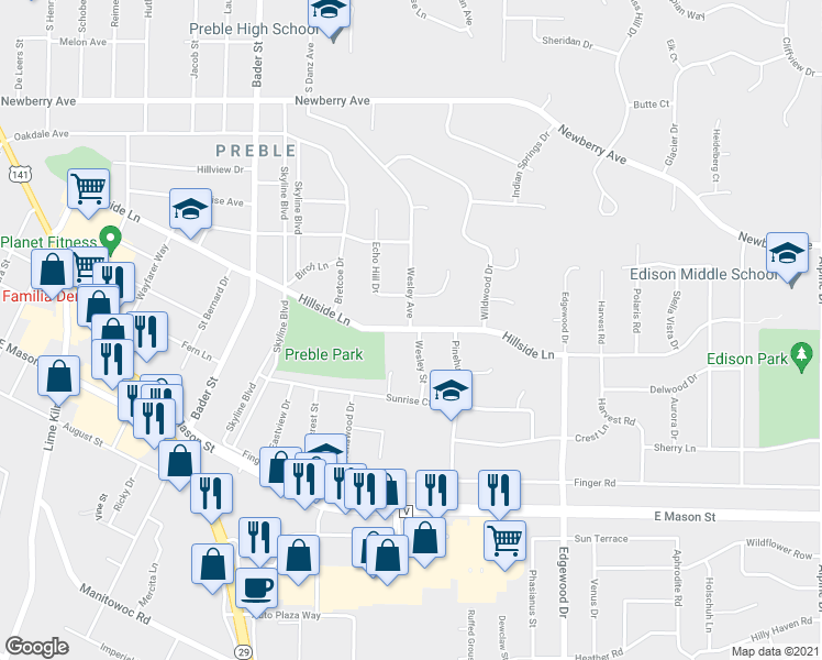 map of restaurants, bars, coffee shops, grocery stores, and more near 2348 Hillside Lane in Green Bay
