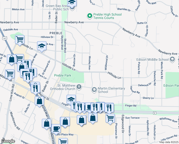 map of restaurants, bars, coffee shops, grocery stores, and more near Hillside Lane in Green Bay