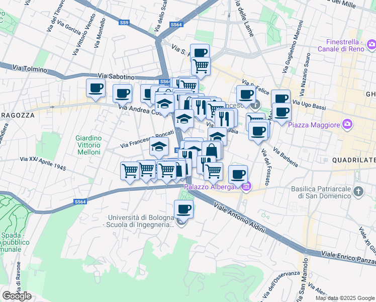 map of restaurants, bars, coffee shops, grocery stores, and more near 3 Viale Carlo Pepoli in Bologna