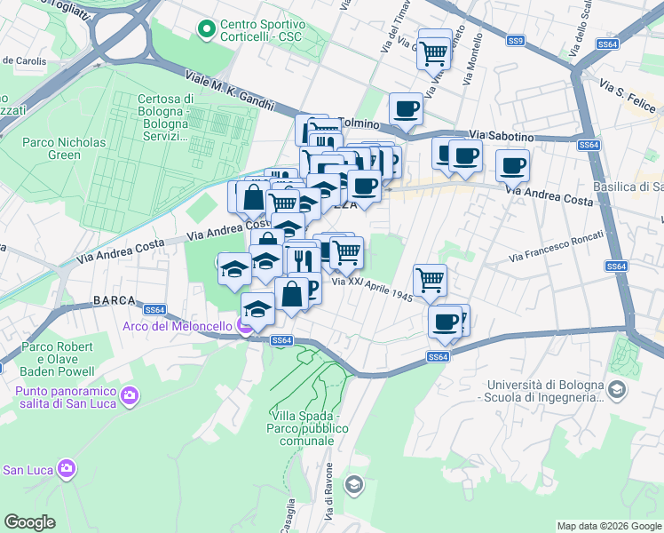 map of restaurants, bars, coffee shops, grocery stores, and more near 14 Via Giovanni Paolo Martini in Bologna