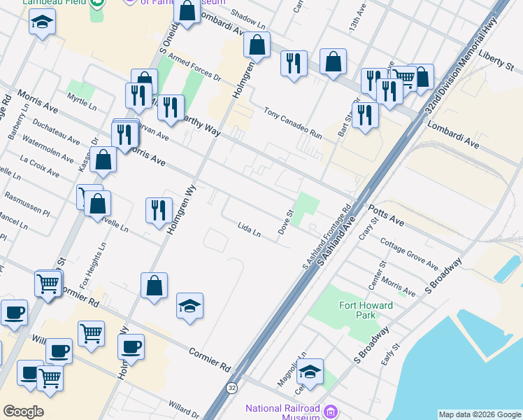 map of restaurants, bars, coffee shops, grocery stores, and more near 661 Borvan Avenue in Green Bay