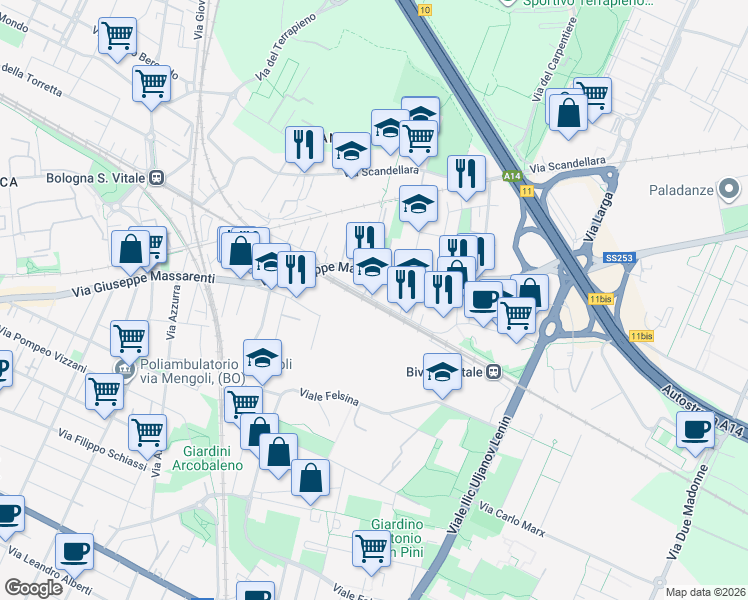 map of restaurants, bars, coffee shops, grocery stores, and more near 24 Via Guelfa in Bologna