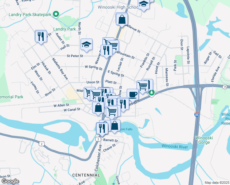 map of restaurants, bars, coffee shops, grocery stores, and more near 31 Mansion Street in Winooski
