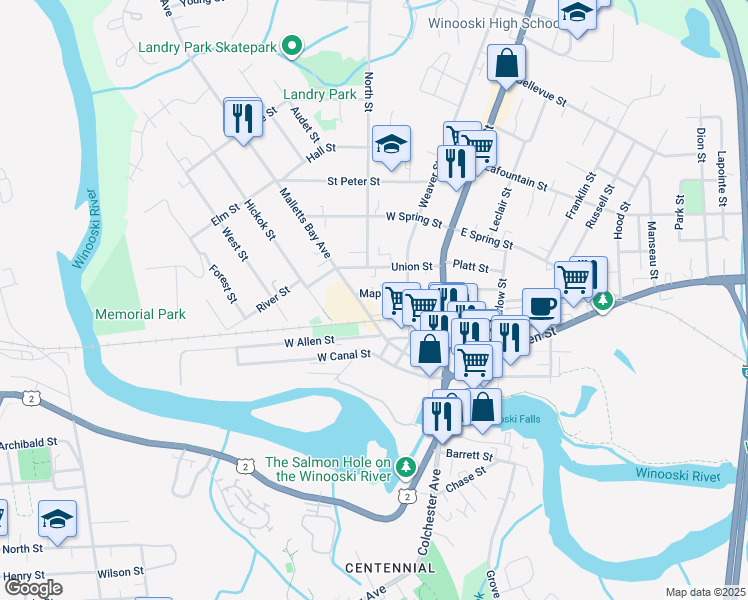 map of restaurants, bars, coffee shops, grocery stores, and more near 65 Maple Street in Winooski