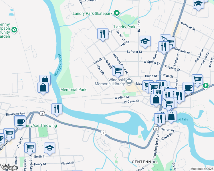 map of restaurants, bars, coffee shops, grocery stores, and more near 13 West Street in Winooski