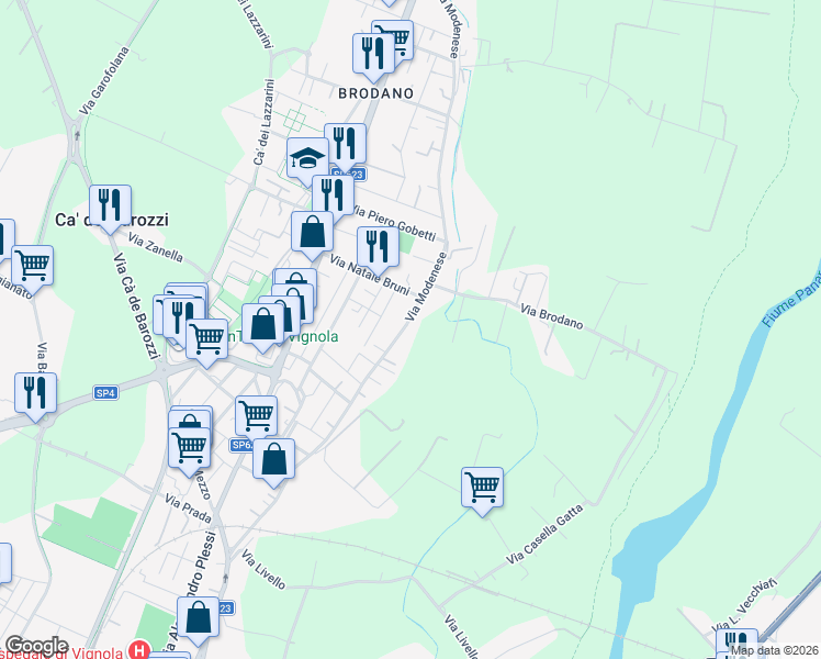 map of restaurants, bars, coffee shops, grocery stores, and more near 1263 Via Modenese in Vignola
