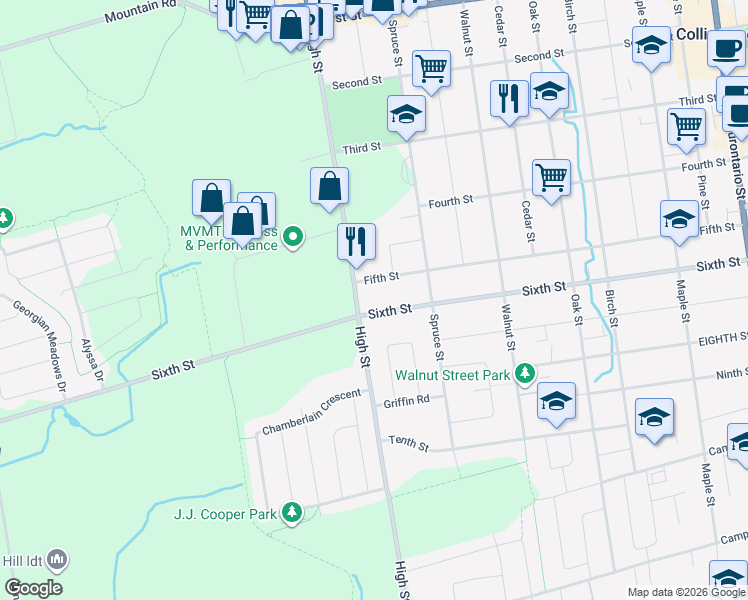 map of restaurants, bars, coffee shops, grocery stores, and more near 470 Fifth Street in Collingwood