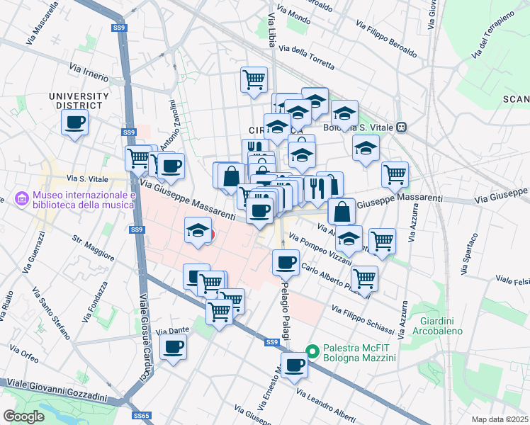 map of restaurants, bars, coffee shops, grocery stores, and more near 8 Via Libia in Bologna