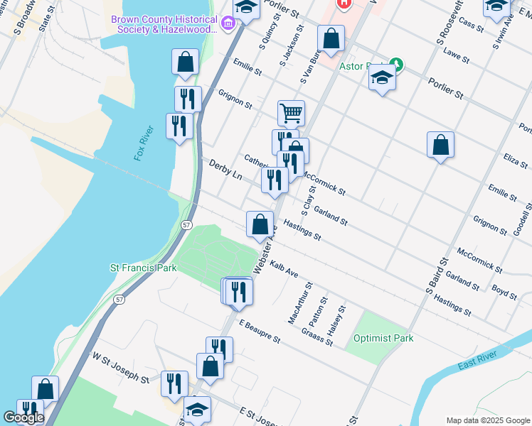 map of restaurants, bars, coffee shops, grocery stores, and more near 929 Allouez Place in Green Bay