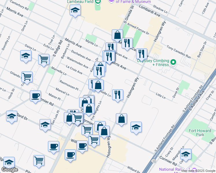 map of restaurants, bars, coffee shops, grocery stores, and more near 833 Element Way in Green Bay