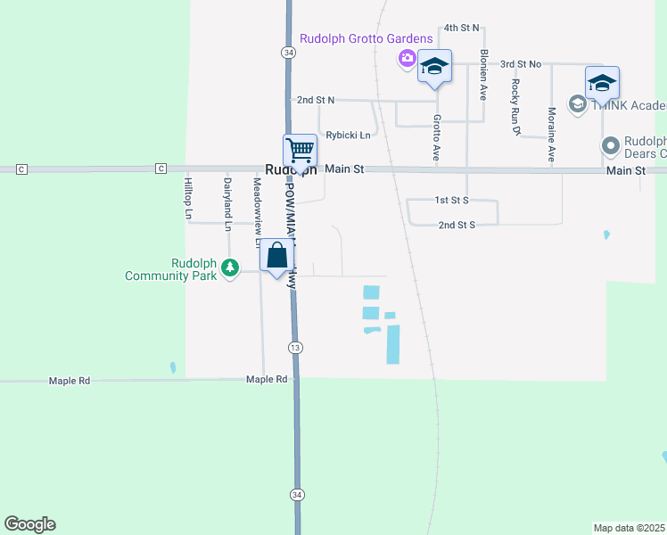map of restaurants, bars, coffee shops, grocery stores, and more near 6814 Larkspur Road in Rudolph
