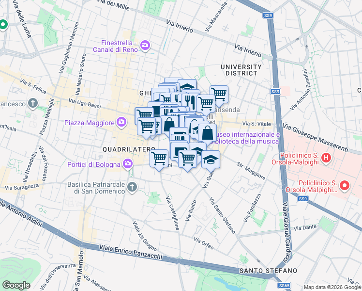 map of restaurants, bars, coffee shops, grocery stores, and more near Corte Isolani in Bologna