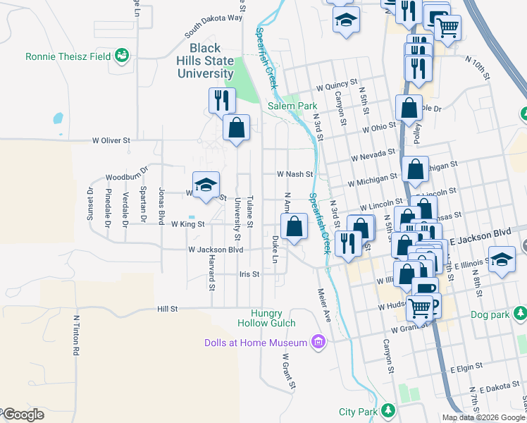 map of restaurants, bars, coffee shops, grocery stores, and more near 941 Tulane Street in Spearfish